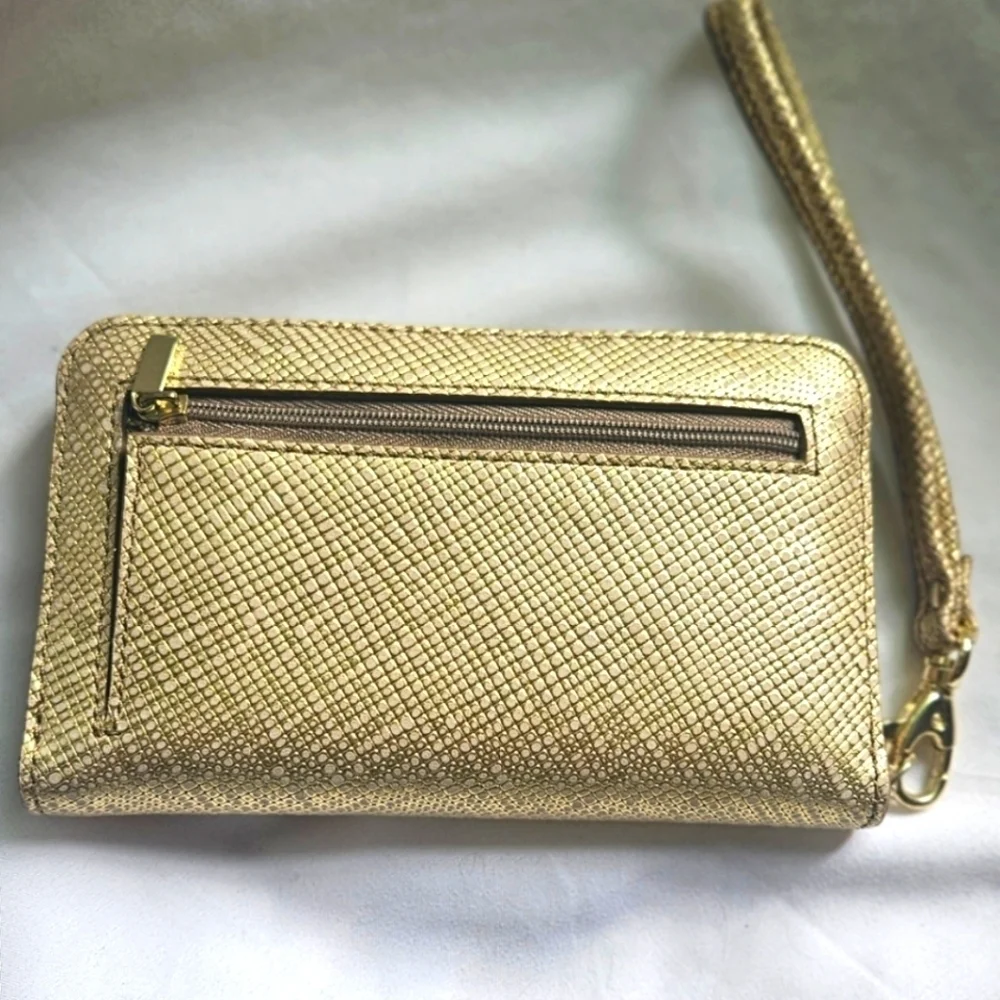 Brand New Fossil Gold Crossgrain Leather Wristlet Zip Around Wallet 6